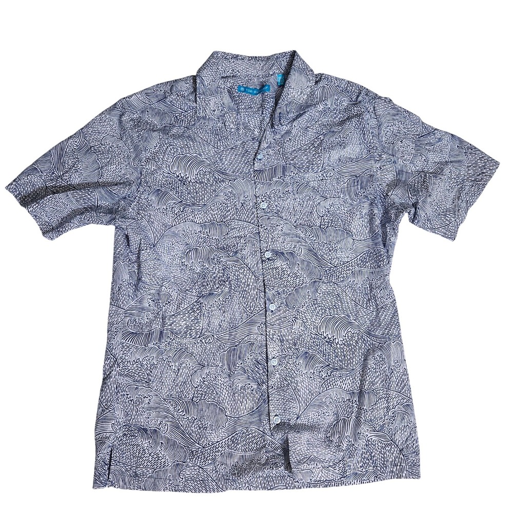 Tori Richard Mens Medium Blue White Great Wave Print Hawaiian Button Down Shirt